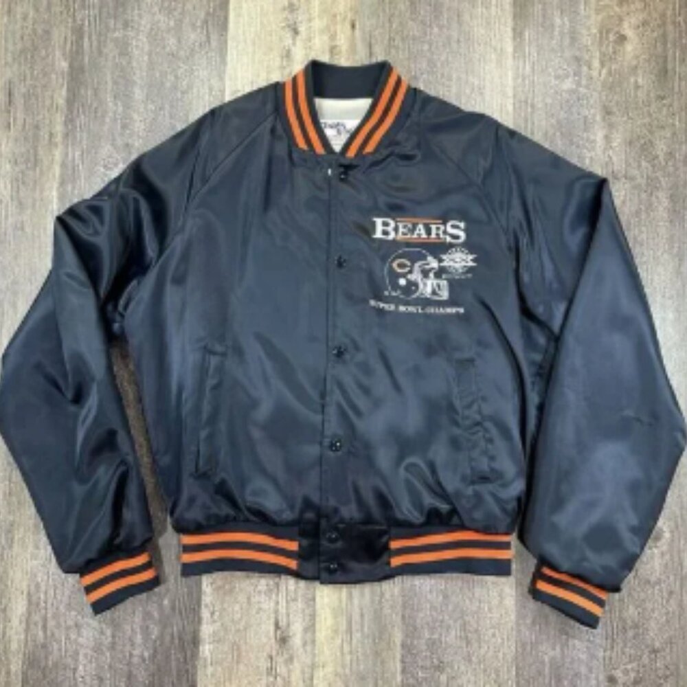 VTG Chicago Bears Nylon Jacket Men's Size L Chalk Line‎ Snap Button Super Bowl